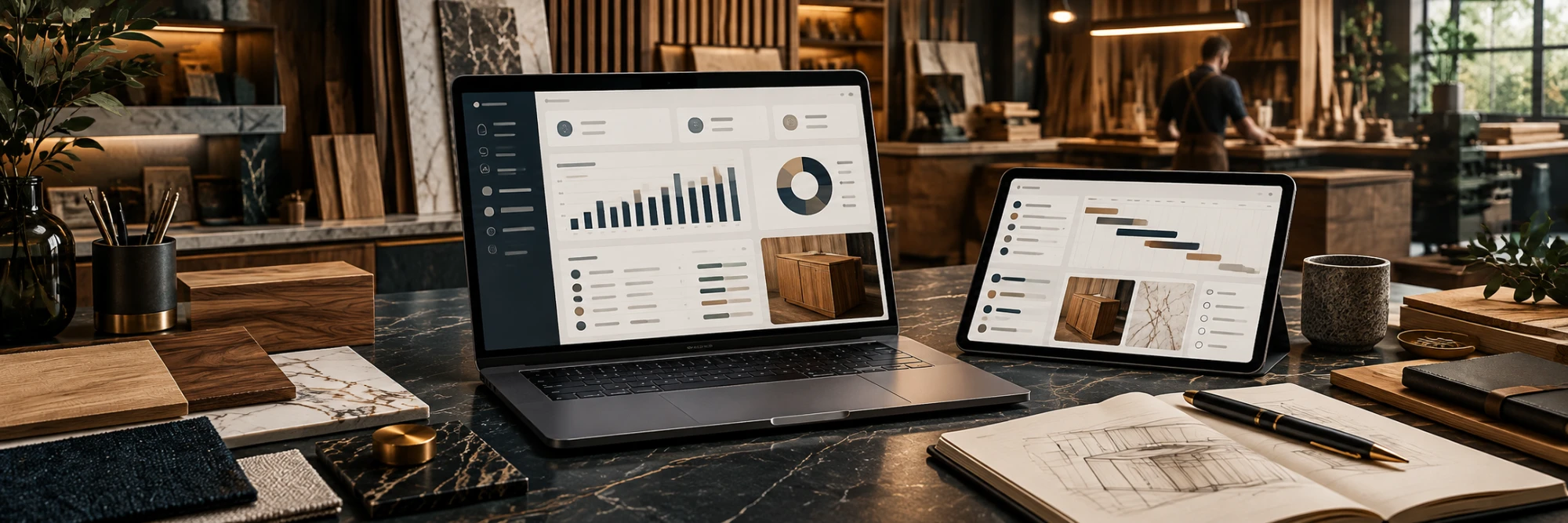 Notebook e tablet com o sistema em uma marcenaria