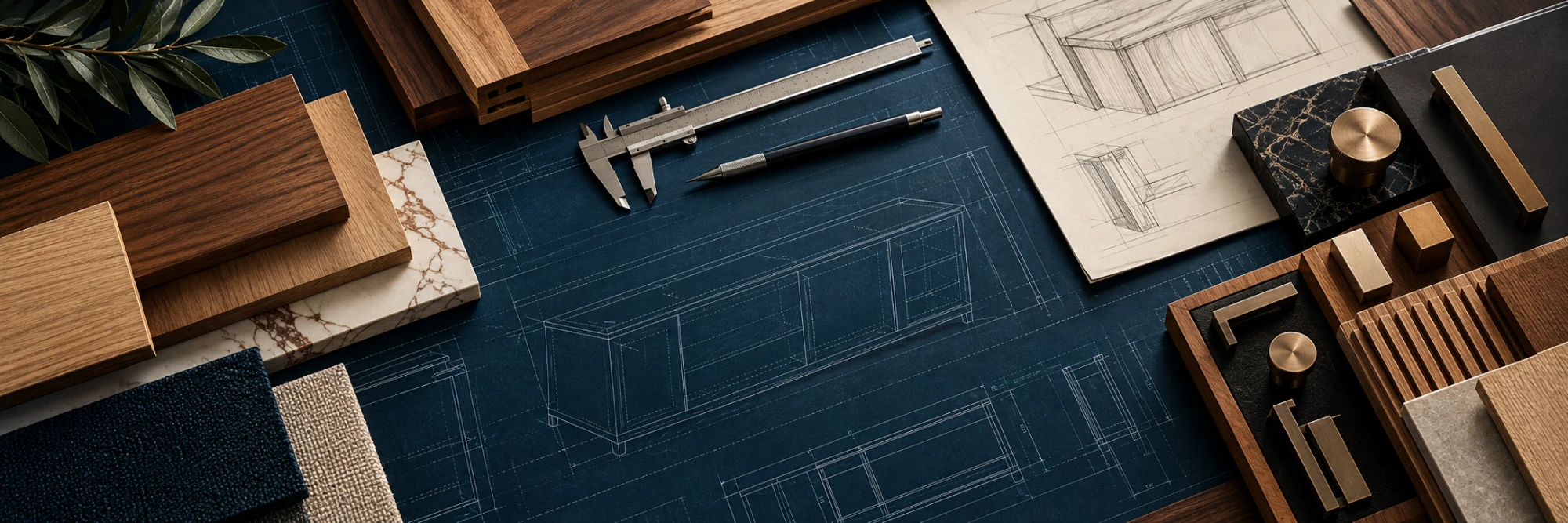 Materiais, instrumentos de medição e projeto sobre a mesa