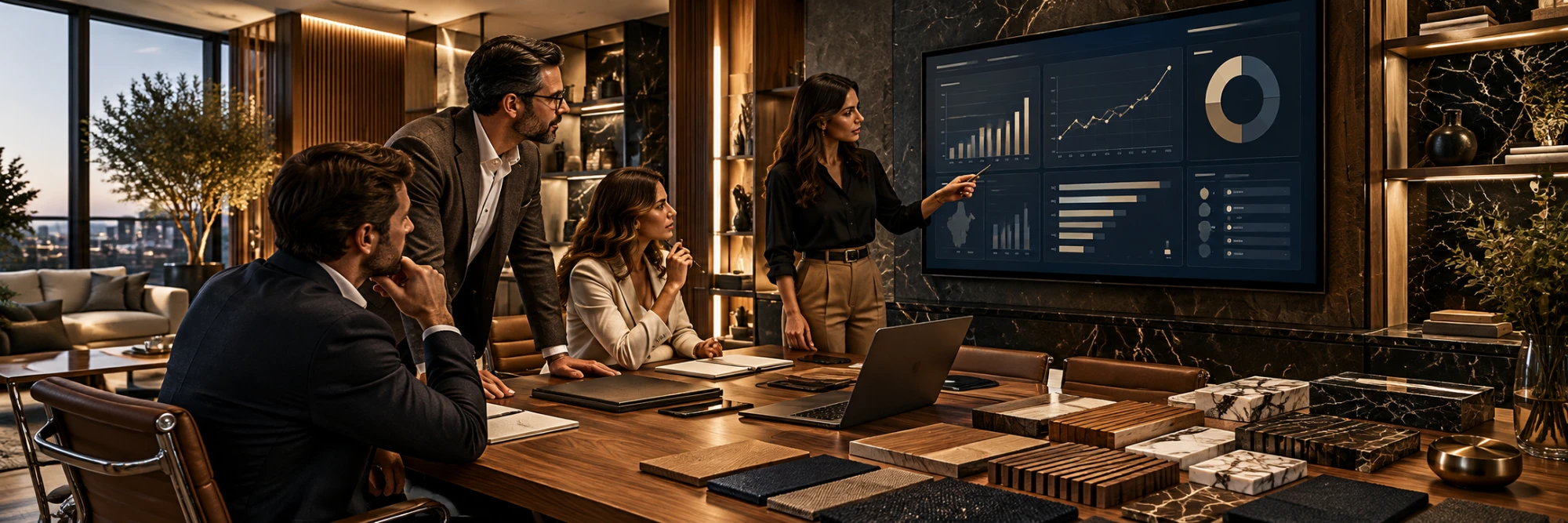 Equipe analisando indicadores do negócio em uma tela