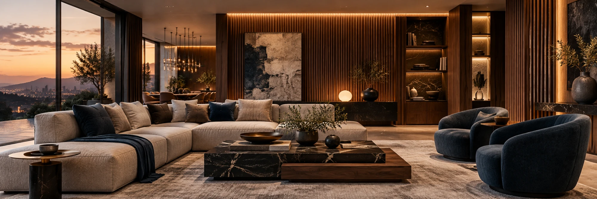 Sala com painel ripado e nichos iluminados